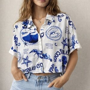 Sunburst Kiss Nautical Print Button Down Shirt‎ NWT Vacation Resort Summer